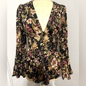 Anthropologie Deep-V Top Floral Blouse Corset Peplum Long Sleeve Size S